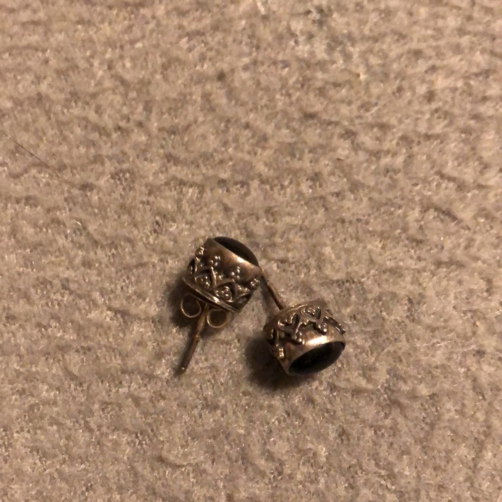 Antique Sterling Silver pierced earrings - ornately crafted silver. Real stone.